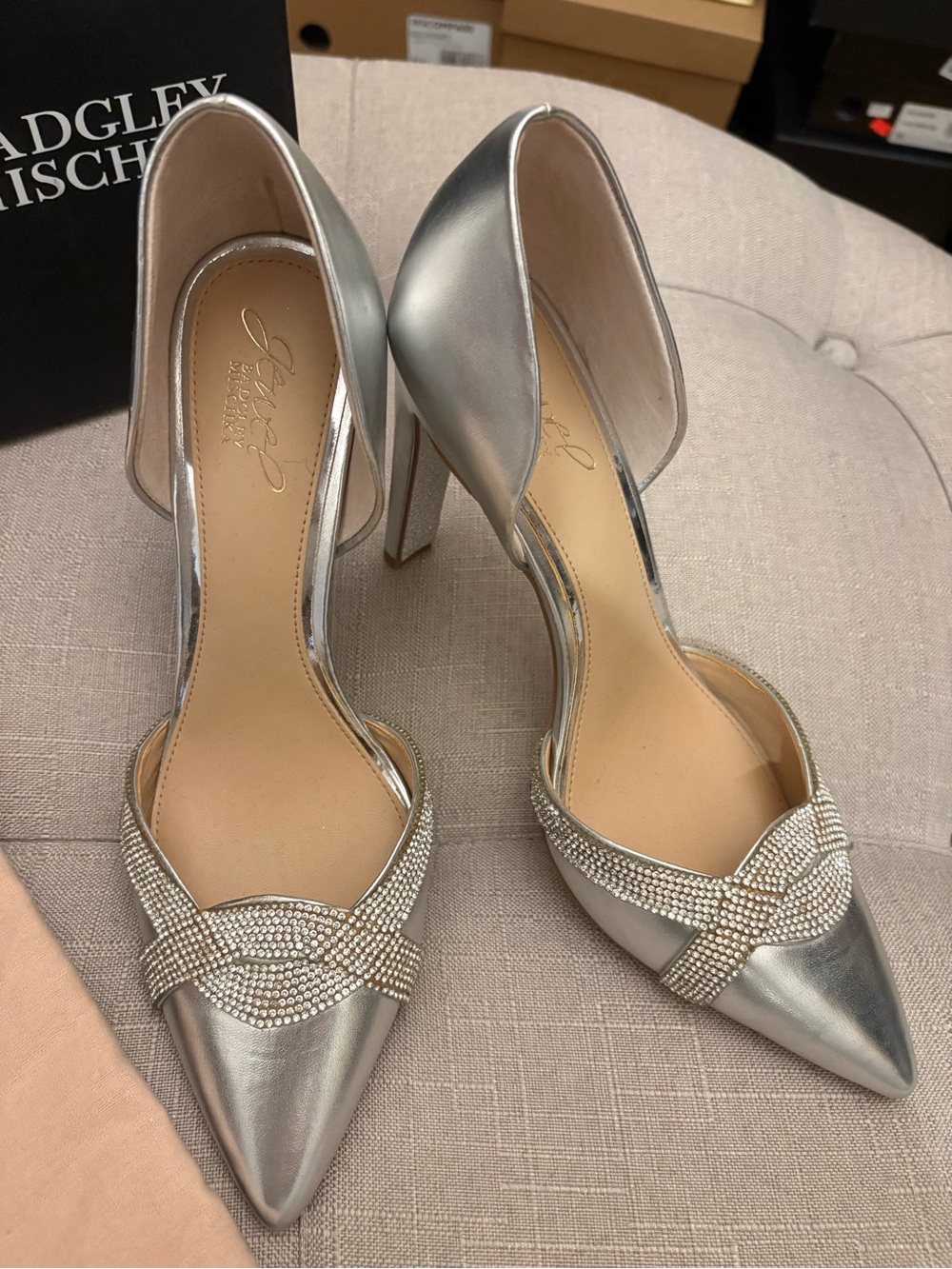 Badgley Mischka Silver Crystal-Embellished Pointed Toe Pumps
